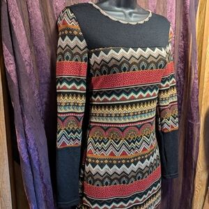 Cozy Fall Autumn SWEATER Dress Geometric Southwest Chevron Earth tones Holiday M
